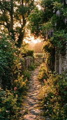 Obraz premium Sunlit Pathway Through Lush Garden with Vibrant Flowers and Foliage