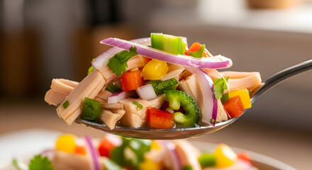 Spoonful of colorful ceviche on a blurred background with a plate in the background