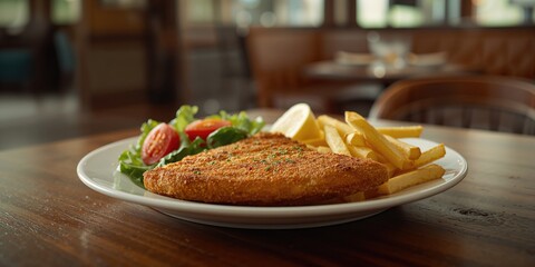 Crispy schnitzel alongside a vibrant salad with tomatoes and golden French fries, highlighting meal plating