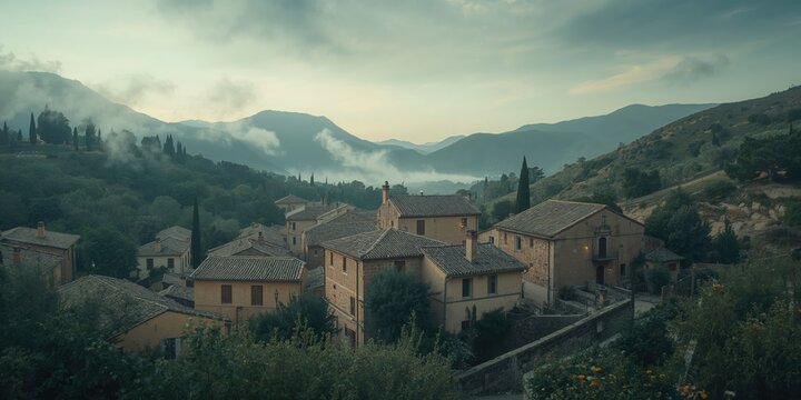 Chelva's scenic townscape under morning clouds, suitable for layout backgrounds