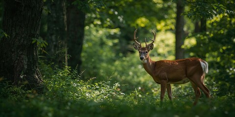 Deer in dense woodland environment, animal behavior and forest ecosystem health