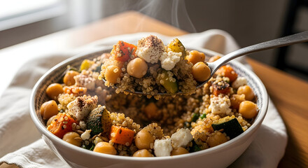 Quinoa salad with chickpeas vegetables and a spoon on a white napkin on a wooden table