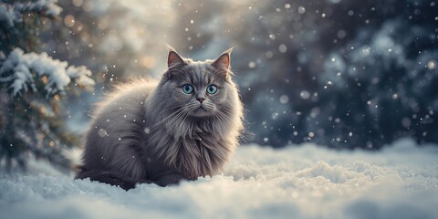 Winter scene with a gray fluffy cat, highlighting insulation and fur density