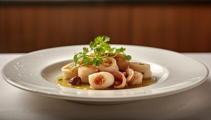 Fresh seafood featuring squid and cuttlefish garnished with parsley, highlighting culinary presentation and seafood quality