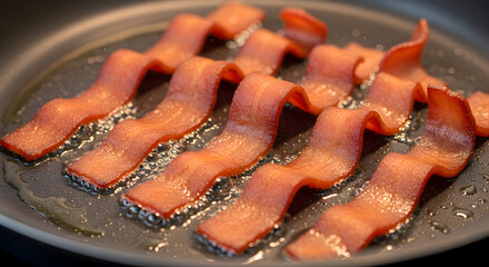 Crispy bacon strips frying in a pan with oil and seasonings