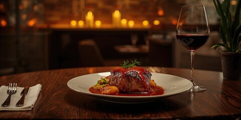 Savoring a grilled steak paired with red wine at a warm restaurant table, highlighting leisure and meal enjoyment