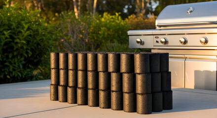 A stack of charcoal briquettes on an outdoor patio next to a grill