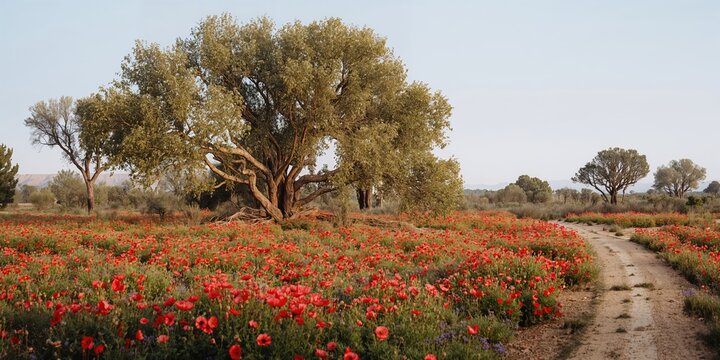 Eucalyptus trees and red anemone flowers in a desert grove, seasonal bloom in arid regions