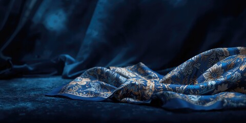 Blue and white floral scarf fabric serving as an aesthetic background in textile applications
