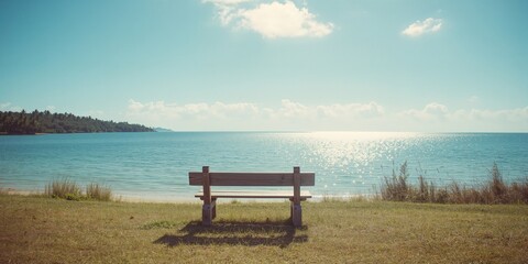 Serene lakeside scene with an unoccupied bench, perfect for tranquil outdoor layouts or nature-themed backgrounds