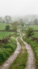 Obraz premium Serene Country Road Through Green Fields Under Misty Atmosphere