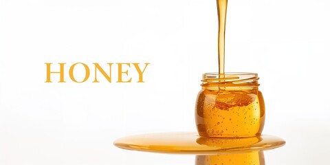 Liquid honey flowing onto a white background, emphasizing natural sweetener use or ingredient presentation, Earth Day