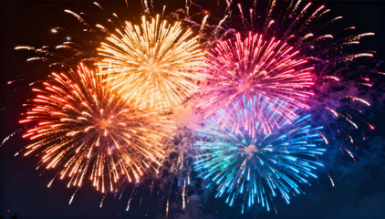 Fototapeta premium Fireworks of multiple colored explosions, radial trajectories of sparks and smooth fading are an epic festive effect. Use it for banners, holidays, and event videos. Vector. EPS.