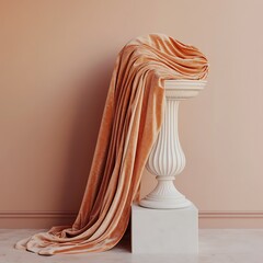 A detailed artistic view of a bride's elegant wedding gown and dress flowing gracefully between a classic column and a decorative vase in a beautiful hotel room with soft curtains