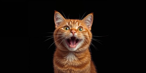 Close-up of a smiling ginger cat with large eyes and open mouth, highlighting pet facial expressions against a dark backdrop