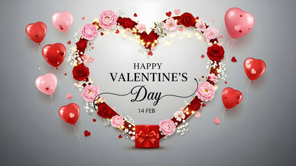 Beautiful heart frame decorated with red and pink roses balloons and gift for valentine celebration