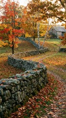 Serene Autumn Pathway with Stone Wall and Colorful Foliage