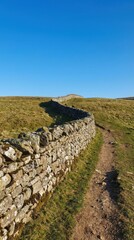 Scenic Stone Wall Pathway in Rolling Green Hills Under Clear Sky