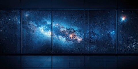 Wide-angle shot of glass panel architecture with starry sky backdrop, focusing on reflective surfaces and geometric patterns, World Architecture Day