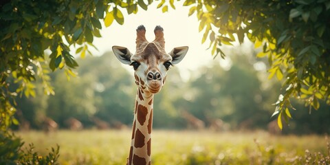 Giraffe standing amidst vibrant foliage under bright daylight, highlighting natural habitat
