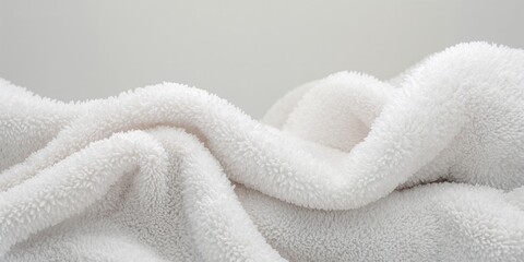 Detail shot of a white cotton towels plush surface serving as a textile backdrop for layout and styling, focusing on texture and fabric integrity