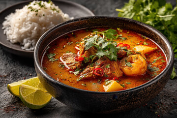 Traditional Panamanian Sancocho Chicken Soup with Rice and Lime on Stone Background
