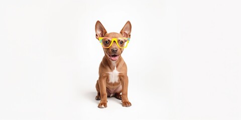 Miniature bull terrier puppy wearing star-shaped glasses, highlighting pet fashion, on a white backdrop