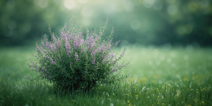 Green flowering shrub with purple blooms serving as garden backdrop for botanical displays, World Planting Day