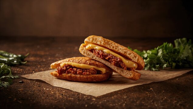 Mexican sandwich with spicy pork leg and Oaxaca cheese, highlighting traditional street food preparation