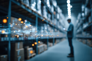 Businessman Using Smartphone with Digital Twin Data Visualization in Modern Warehouse Storage