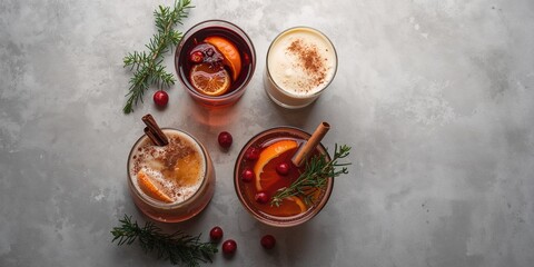 Variety of winter hot cocktails such as eggnog and warm ginger ale, arranged for seasonal beverage display on a gray background