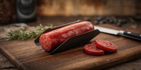 Dry-cured sausage in a synthetic casing, highlighting processing and packaging methods