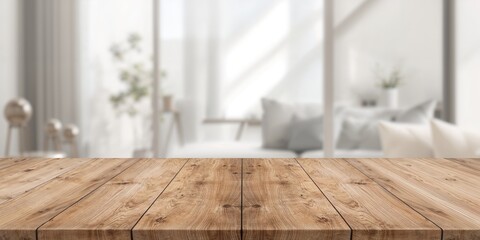 Panoramic banner featuring a wood table surface against an abstract blurred backdrop, ideal for UI or presentation backgrounds