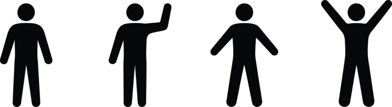 Four black minimalist stick figures demonstrate different human poses on a plain white background