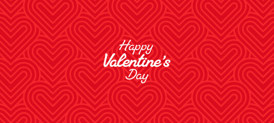 Happy Valentines Day text on red heart pattern background seamless graphic. Love and romance poster design for social media.
