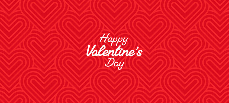 Happy Valentines Day text on red heart pattern background seamless graphic. Love and romance poster design for social media.
