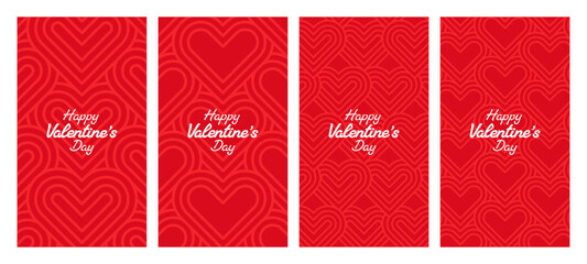 A set of red Valentines Day story templates with heart patterns and text. Holiday background collection for social media, love message concept.