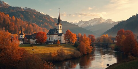 Colorful fall scenery featuring a parish church in a village setting, suitable for rural-themed backgrounds