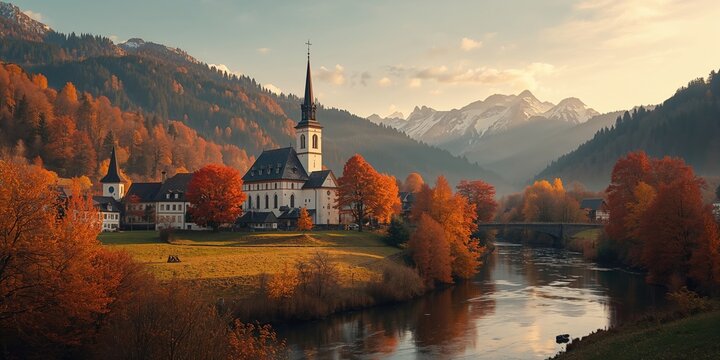 Colorful fall scenery featuring a parish church in a village setting, suitable for rural-themed backgrounds