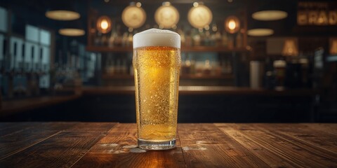 Light lager beer in a tall glass with droplets, set on a wooden surface under warm lighting, ideal for bar menu backgrounds