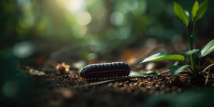 Detailed macro image of a pill millipede's body segments and legs, emphasizing insect morphology for biological research