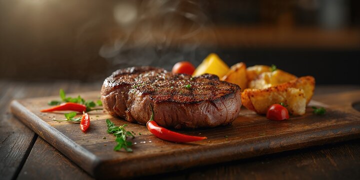 Seasoned T-bone steak grilled and served with fresh vegetables and roasted potatoes on a wooden platter, emphasizing meal preparation