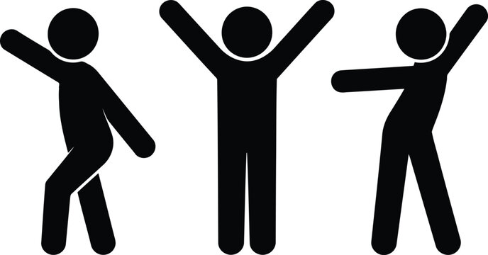 Three black stick figures in dynamic and expressive poses suggesting movement, dance, or celebration