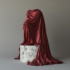 An Arabian woman in a red cloak and black dress poses as a dark beauty model wearing a Virgin Mary and Jesus costume for a fashion person photography shoot