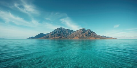 Fototapeta premium Mountain landscape adjacent to a broad ocean, suitable for environmental preservation themes