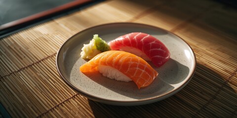 Sushi roll with rice and raw fish slices arranged on a plate, highlighting seafood quality, World Seafood Day