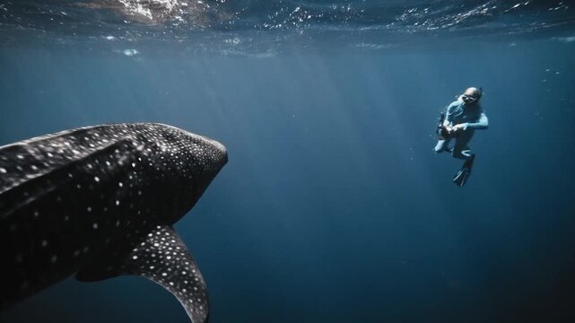 A Diver and whale shark swimming underwater