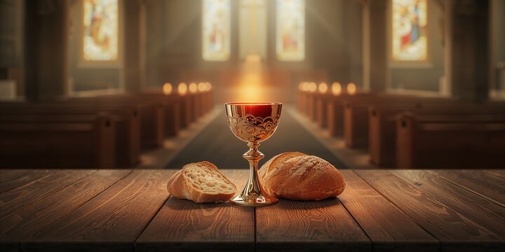 Slice of bread and a glass of wine, focusing on symbolic elements in spiritual ceremonies