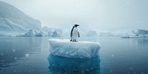 Gentoo Penguin alone on floating iceberg in Antarctic, highlighting species adaptation in cold environments, World Penguin Day