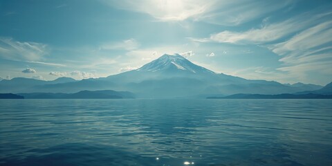 Panoramic scene of a large lake with surrounding mountain range, ideal for editorial header background, World Environment Day